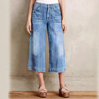 Ladies light vintage-inspired culotte jeans with visible seam panels and patch front pockets Fashion Glam