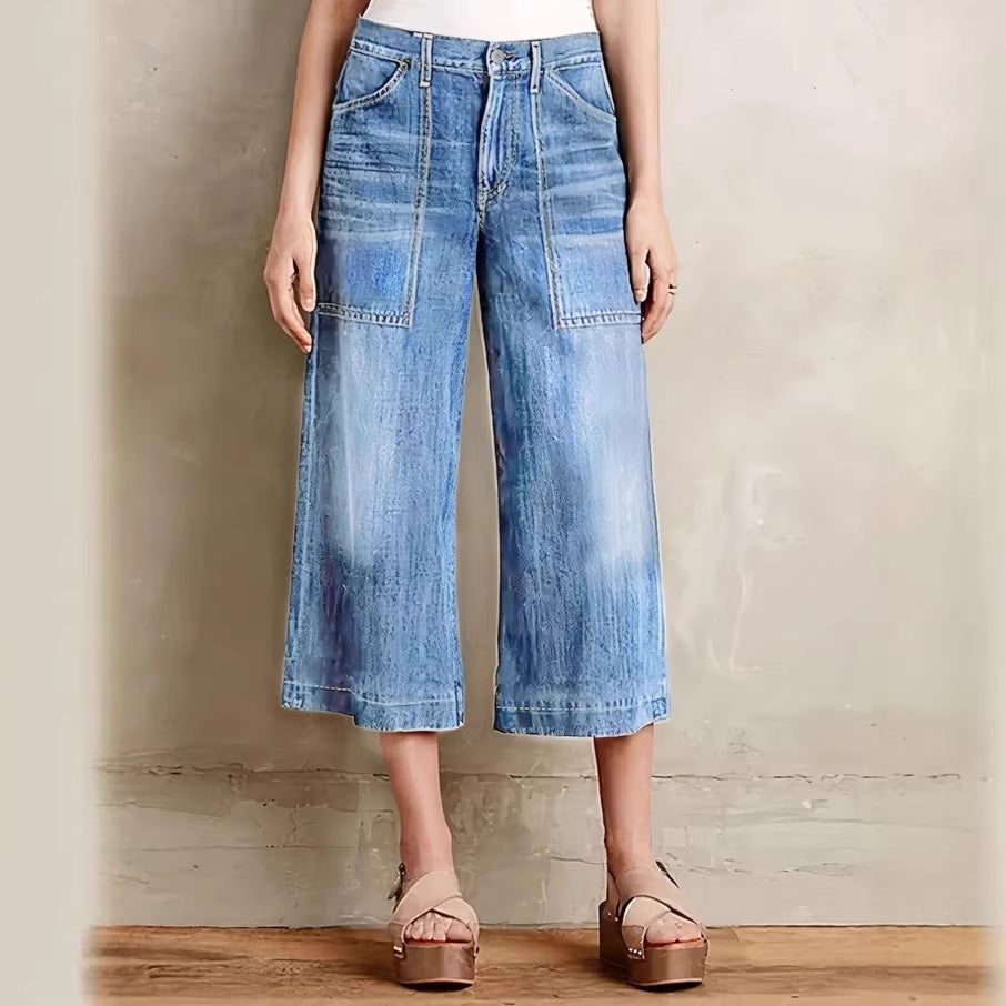 Ladies light vintage-inspired culotte jeans with visible seam panels and patch front pockets Fashion Glam