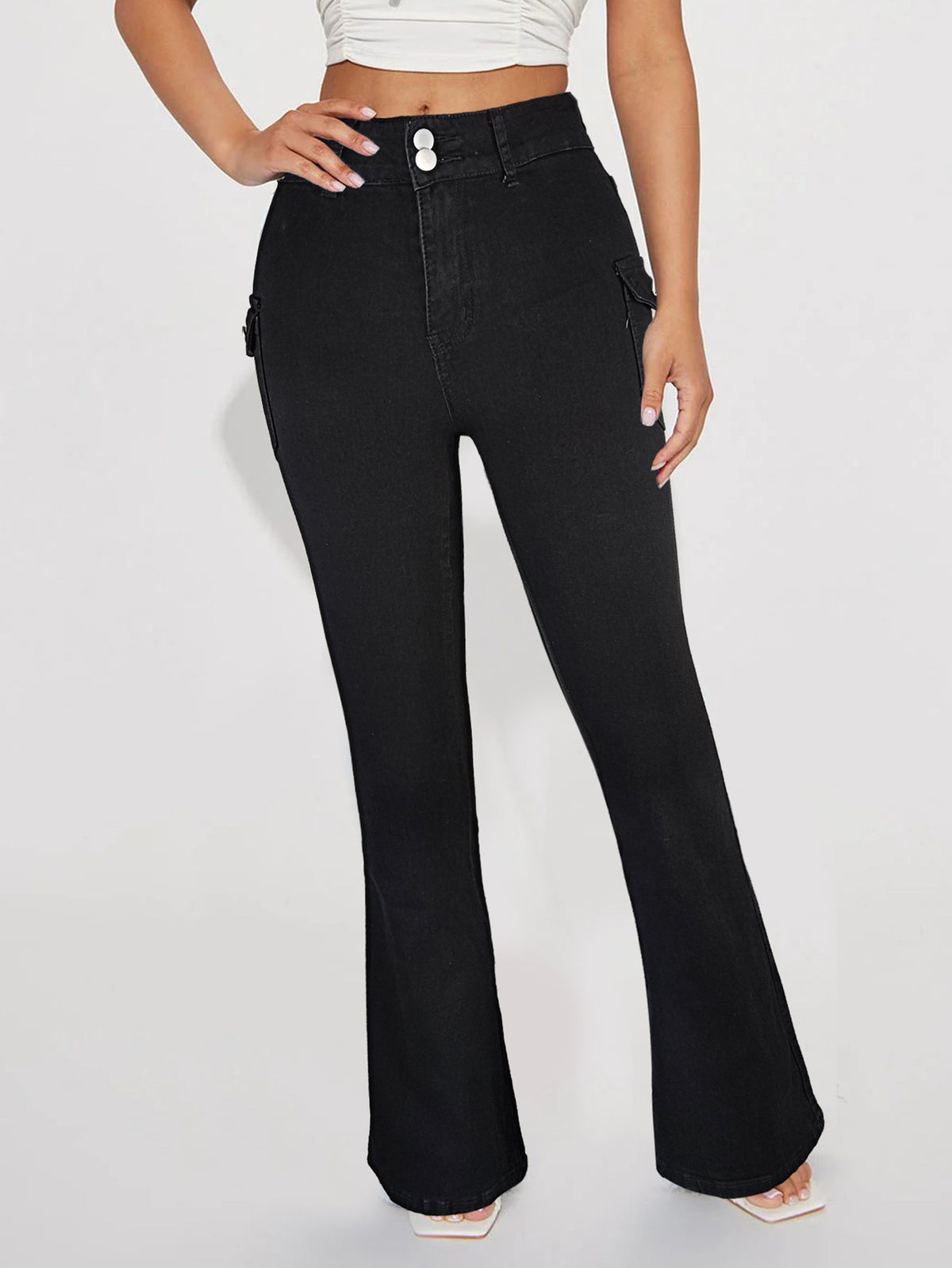 Women's High-Waisted Flared Denim Pants with Side Cargo Flap Pockets & Double Button Fashion Glam