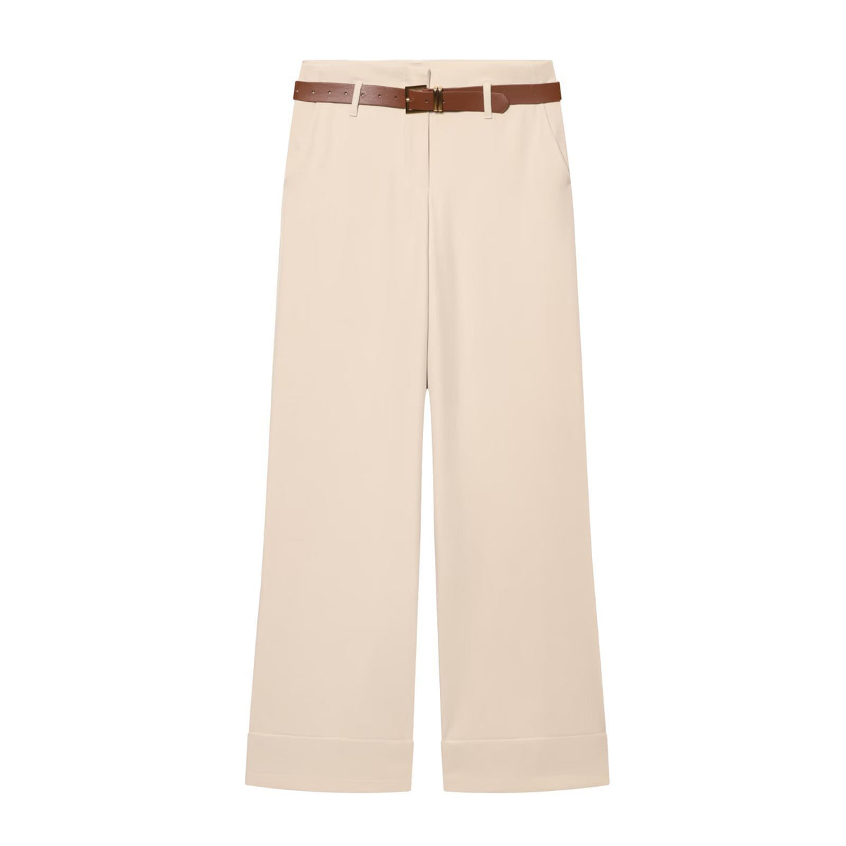Women's High-Waisted Wide-Leg Trousers with Press Fold, Belt Loops, and Concealed Button Placket Fashion Glam