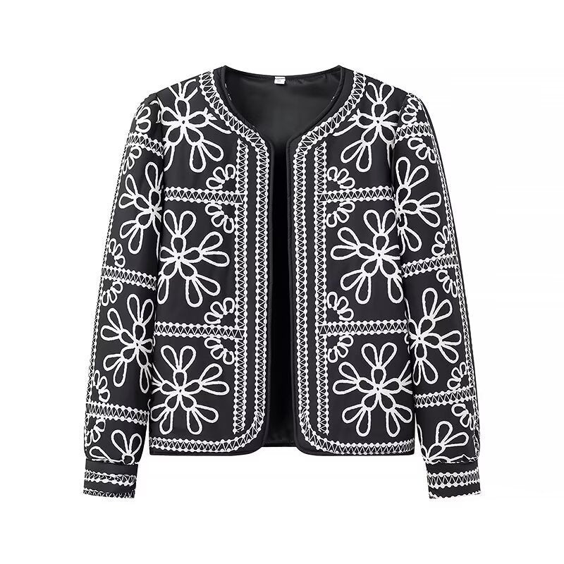 Women Embroidered Quilted Transition Jacket without Collar Fashion Glam