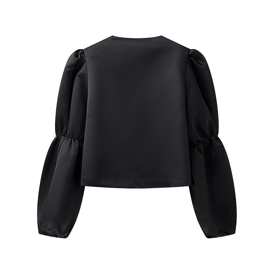 Ladies Glossy Satin Blouse with Voluminous Puff Sleeves Fashion Glam