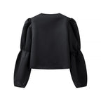 Ladies Glossy Satin Blouse with Voluminous Puff Sleeves Fashion Glam