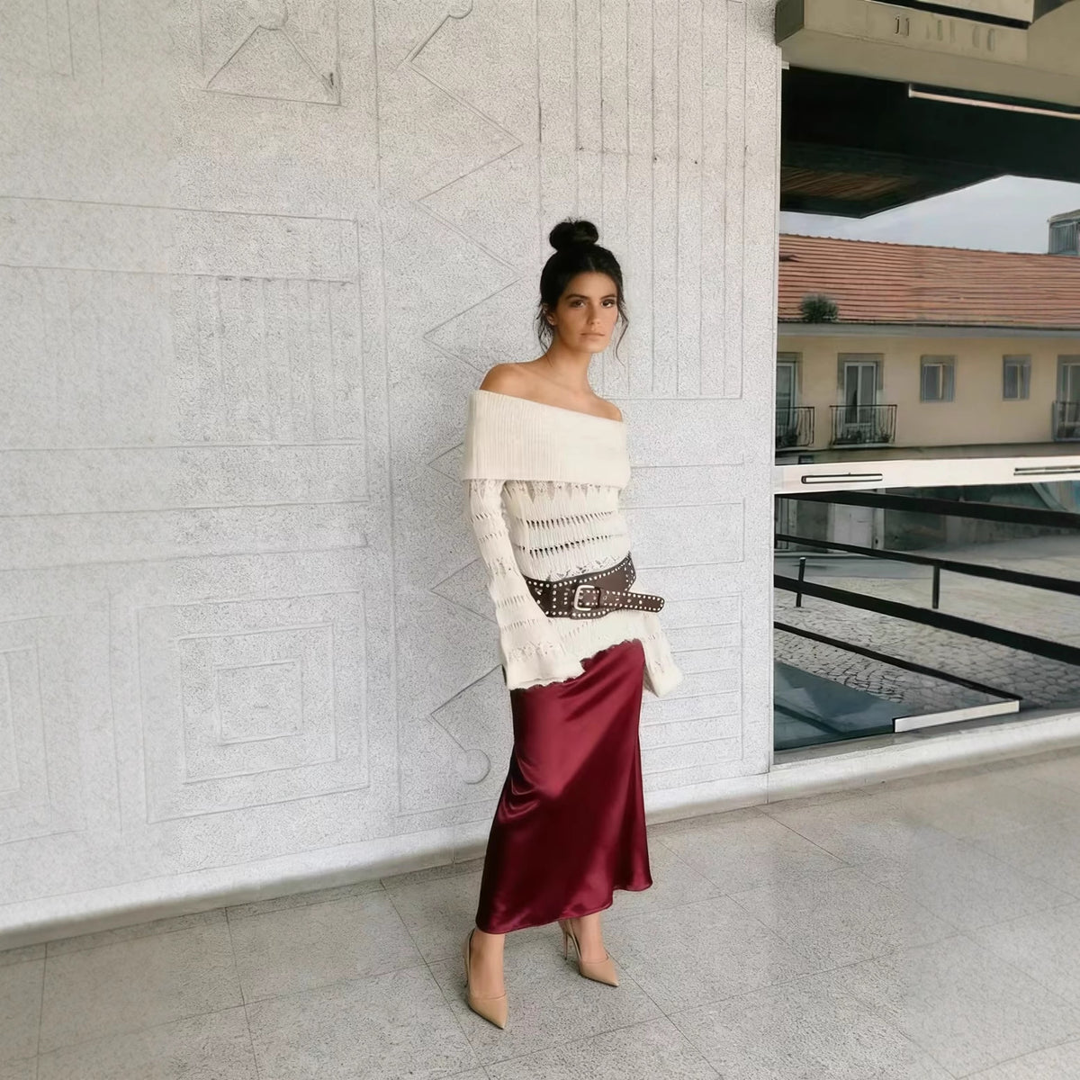 Women's Off-Shoulder Fine Knit Sweater with Folded Roll Neck and Bell Sleeves Fashion Glam