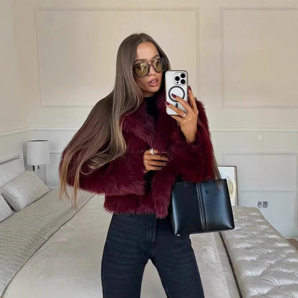 Women's Short Teddy Faux Fur Cropped Blouson with Internal Button Placket and Soft Sleeve Cuffs Fashion Glam