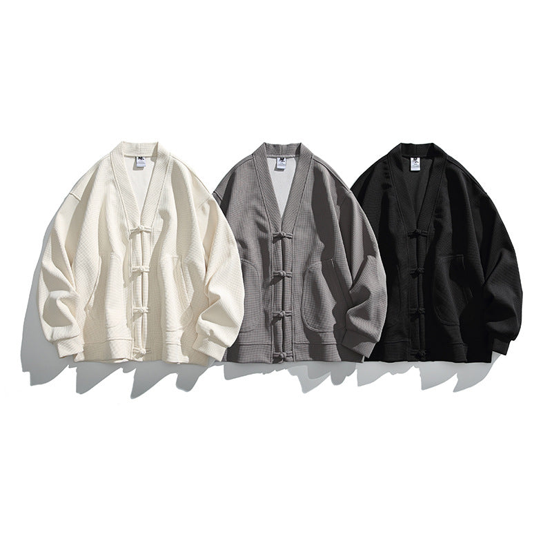 Men's loose-fitting kimono jacket in Hanfu style with drawstring closures and patch pockets Fashion Glam