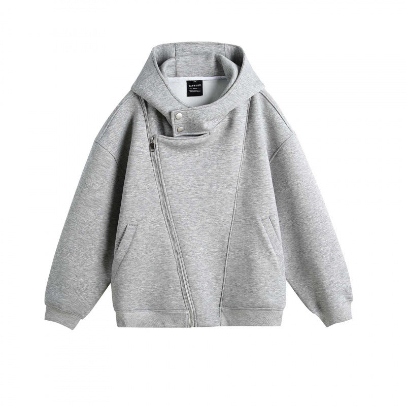 Unisex Oversize Hoodie Jacket with Asymmetrical Zipper and High Stand-Up Collar Fashion Glam