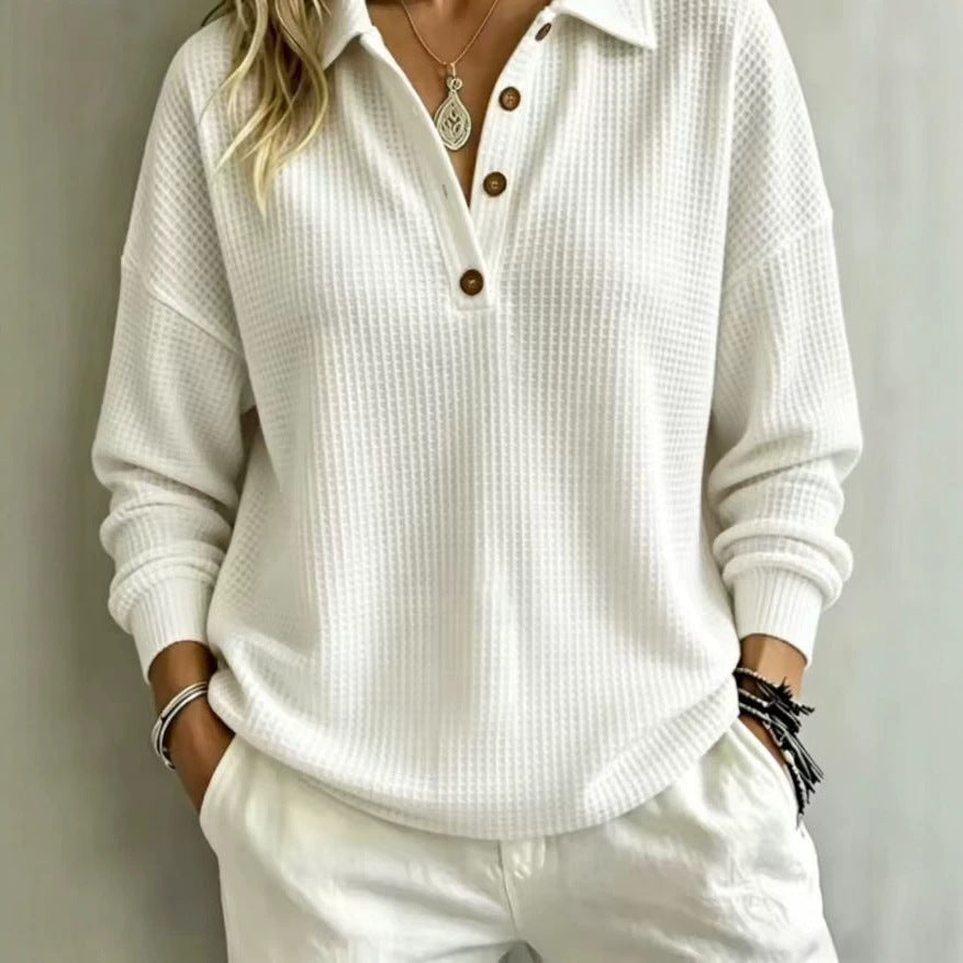 Ladies waffle knit polo with oversized fit, button placket and roll neck look Fashion Glam