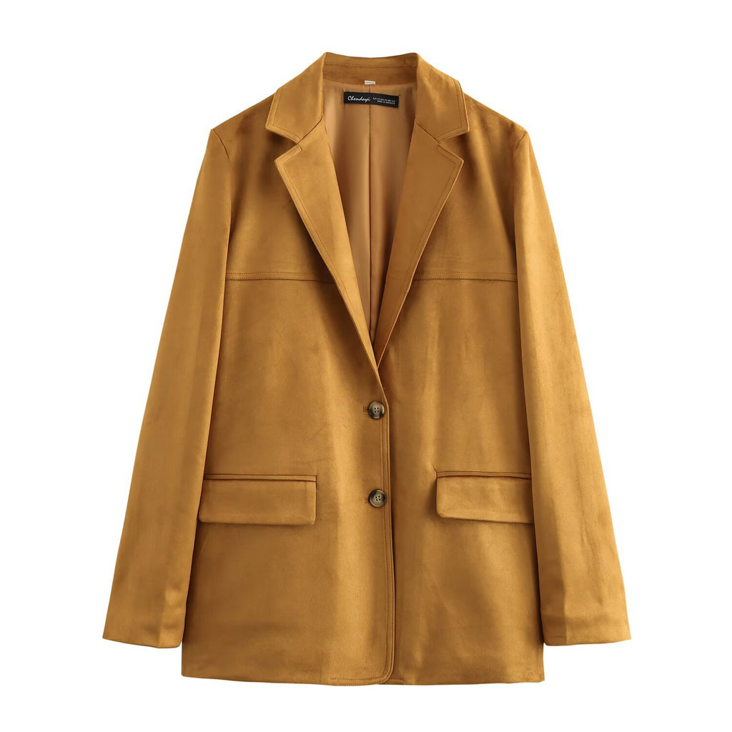 Women's Long Cut Suede Look Blazer with Notch Collar and Flap Pockets Fashion Glam