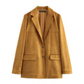 Women's Long Cut Suede Look Blazer with Notch Collar and Flap Pockets Fashion Glam