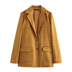 Women's Long Cut Suede Look Blazer with Notch Collar and Flap Pockets Fashion Glam