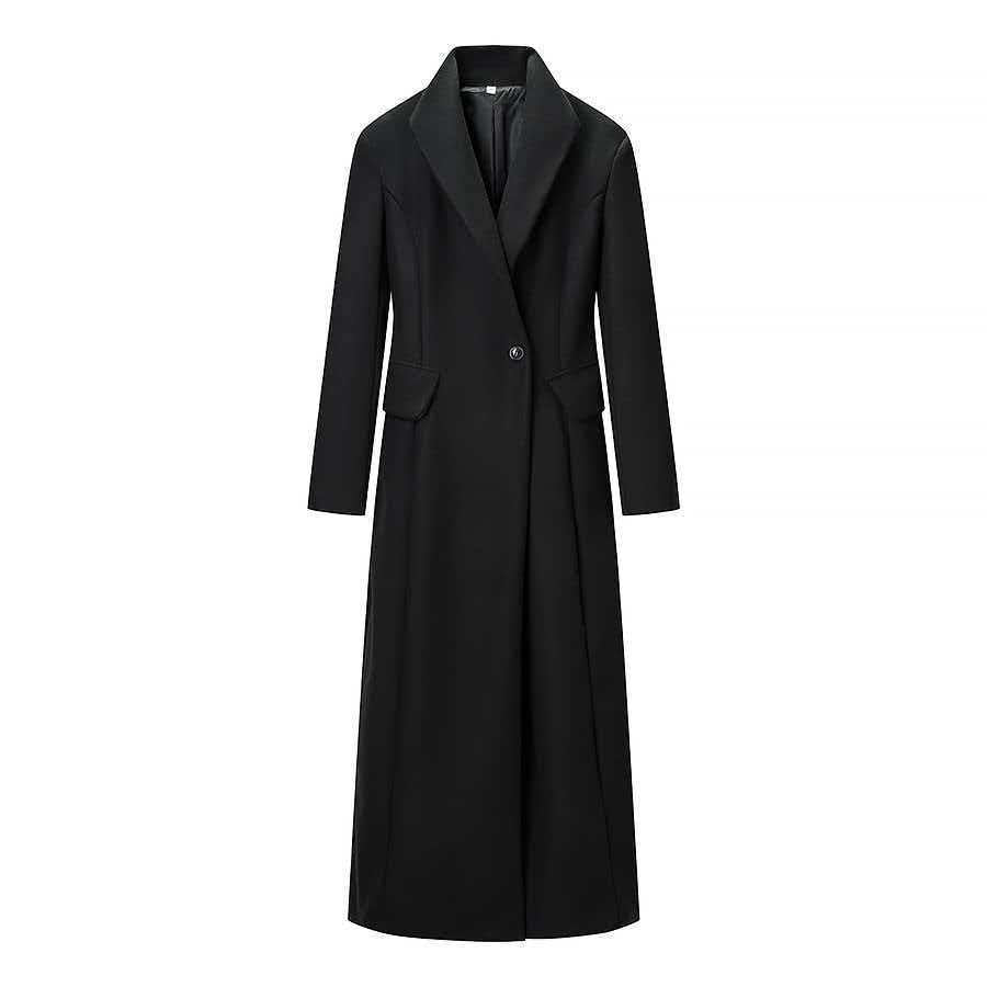 Women Tailored Long Coat with distinctive shoulder pads and asymmetric lapel Fashion Glam