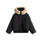 Women's short bomber jacket with thermal padding, hood with removable faux fur and utility pockets Fashion Glam