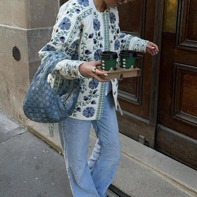Women’s Embroidered Quilted Jacket in Boho Style with Wooden Button Placket Fashion Glam