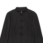 Women's Tailored Short Blazer with Mandarin Stand Collar and Decorative Frog Closures Fashion Glam