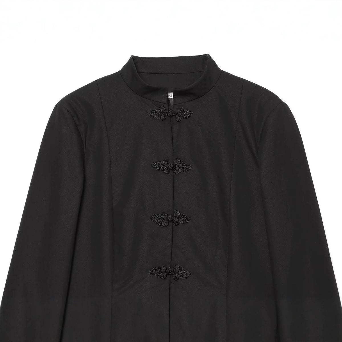 Women's Tailored Short Blazer with Mandarin Stand Collar and Decorative Frog Closures Fashion Glam