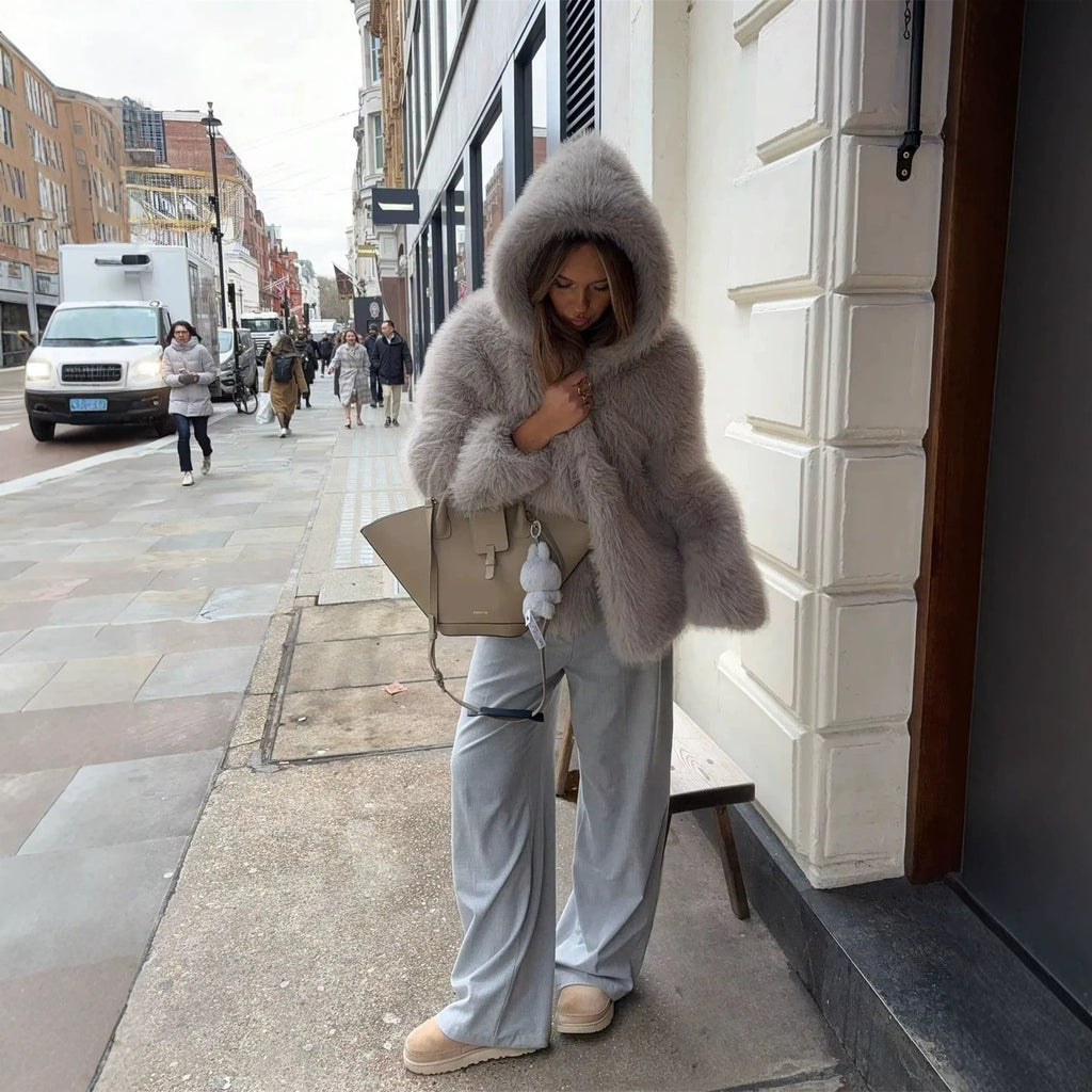 Women's Hooded Faux Fur Short Jacket with Dense Long Pile and Oversize Silhouette Fashion Glam