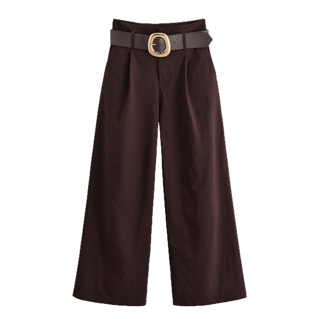 Women's high-waisted culotte pants with wide leg, pleats and statement belt Fashion Glam