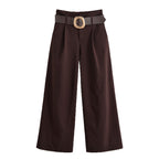 Women's high-waisted culotte pants with wide leg, pleats and statement belt Fashion Glam