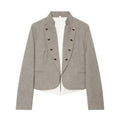 Ladies short blazer in military style with stand-up collar, double-breasted decorative button placket and tailored silhouette Fashion Glam