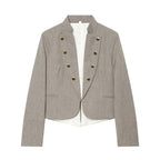Ladies short blazer in military style with stand-up collar, double-breasted decorative button placket and tailored silhouette Fashion Glam
