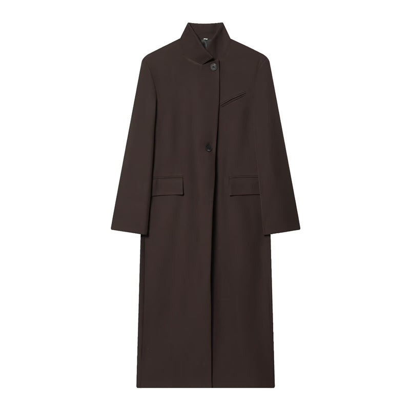 Women's Long Coat with Mandarin Collar, Minimalist Silhouette and Concealed Button Placket Fashion Glam