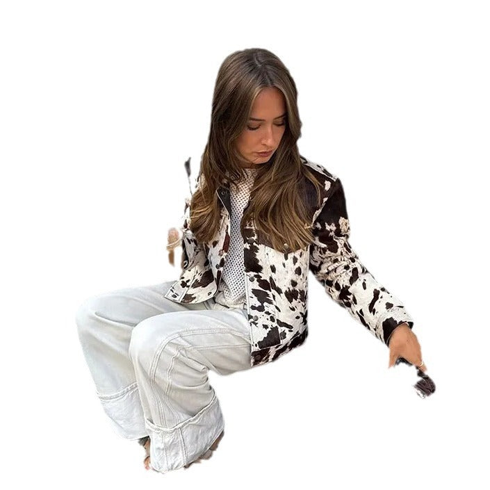 Ladies short-cut western trucker jacket with cow spot look and applied chest pockets Fashion Glam