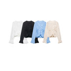 Women Ruffled Blouse with Drawstring, Balloon Sleeves and Ruffle Hem Fashion Glam