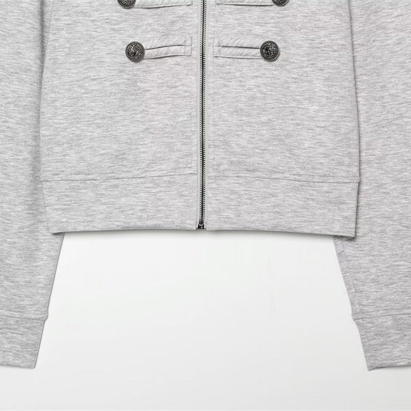 Women's Cropped Sweat Jacket in Military Look with Stand-up Collar and Decorative Button Placket Fashion Glam