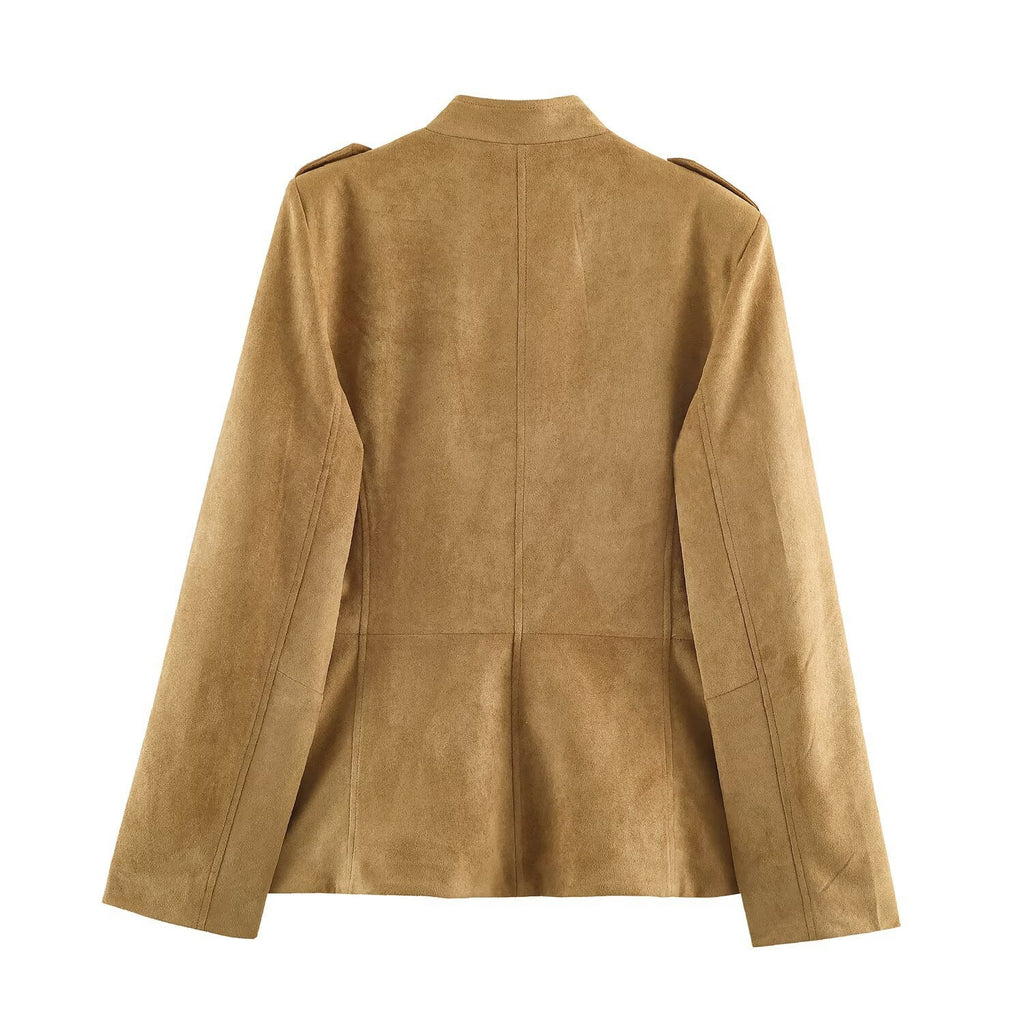 Women's Tailored Velour Jacket in Field Style with Stand-Up Collar and Chest Flaps Fashion Glam