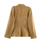 Women's Tailored Velour Jacket in Field Style with Stand-Up Collar and Chest Flaps Fashion Glam