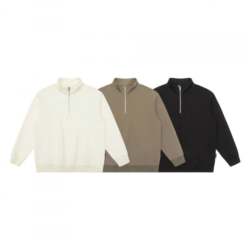 Unisex Oversize Waffle Structure Half-Zip Sweater with Stand-Up Collar Fashion Glam
