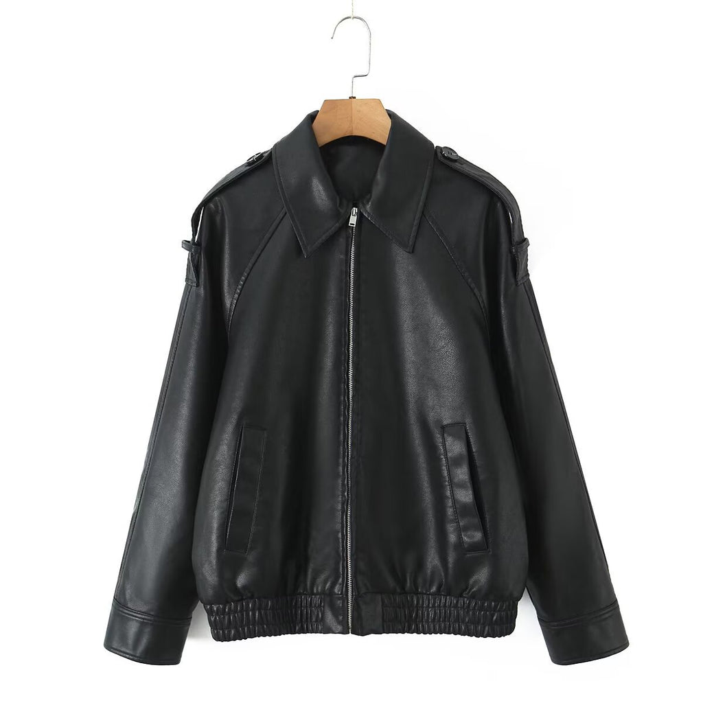 Women's Oversized Faux Leather Flight Jacket with Bonded Collar, Shoulder Epaulettes, and Elastic Hem Fashion Glam