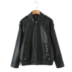 Women's Oversized Faux Leather Flight Jacket with Bonded Collar, Shoulder Epaulettes, and Elastic Hem Fashion Glam