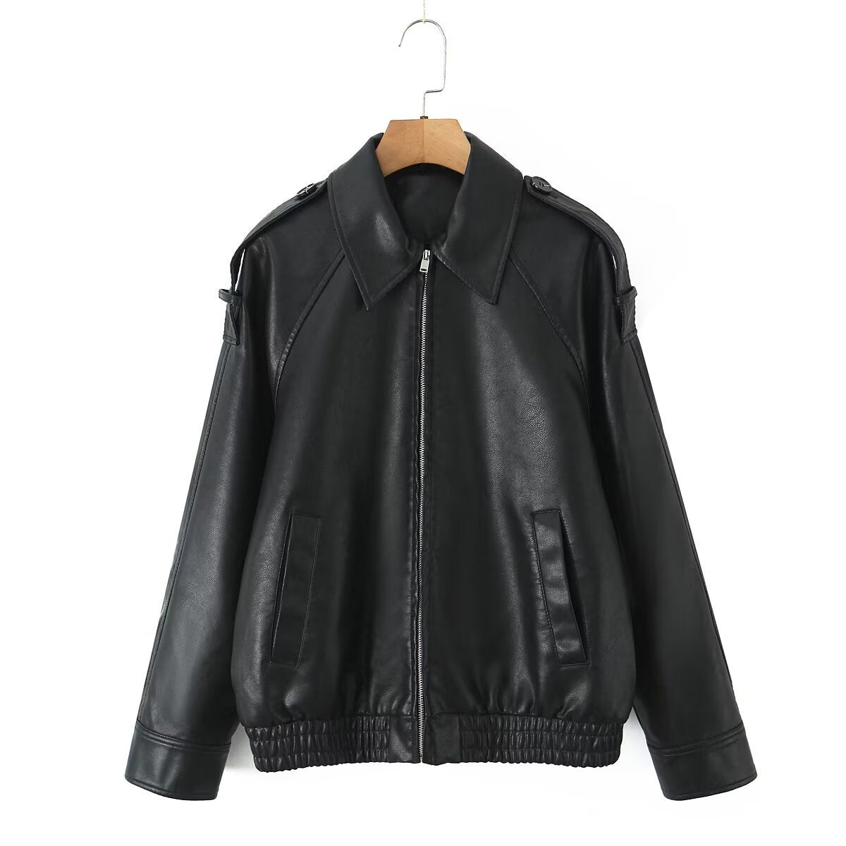 Women's Oversized Faux Leather Flight Jacket with Bonded Collar, Shoulder Epaulettes, and Elastic Hem Fashion Glam