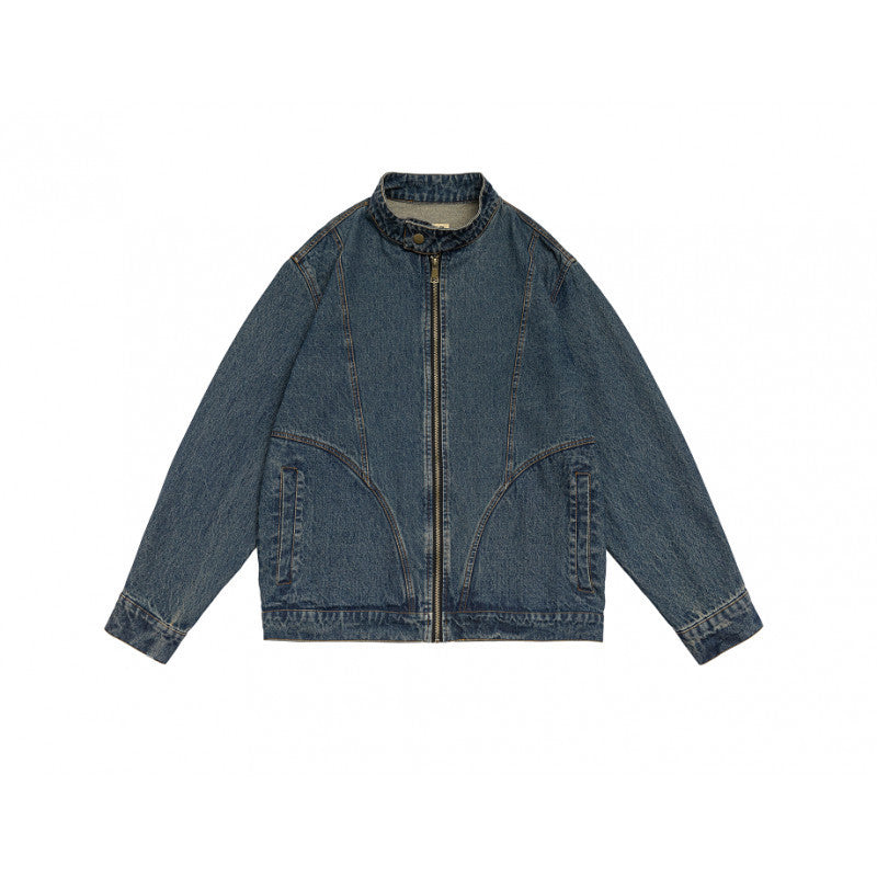 Unisex boxy denim jacket with stand-up collar, full-length zipper and shaped front pockets Fashion Glam