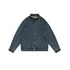 Unisex boxy denim jacket with stand-up collar, full-length zipper and shaped front pockets Fashion Glam