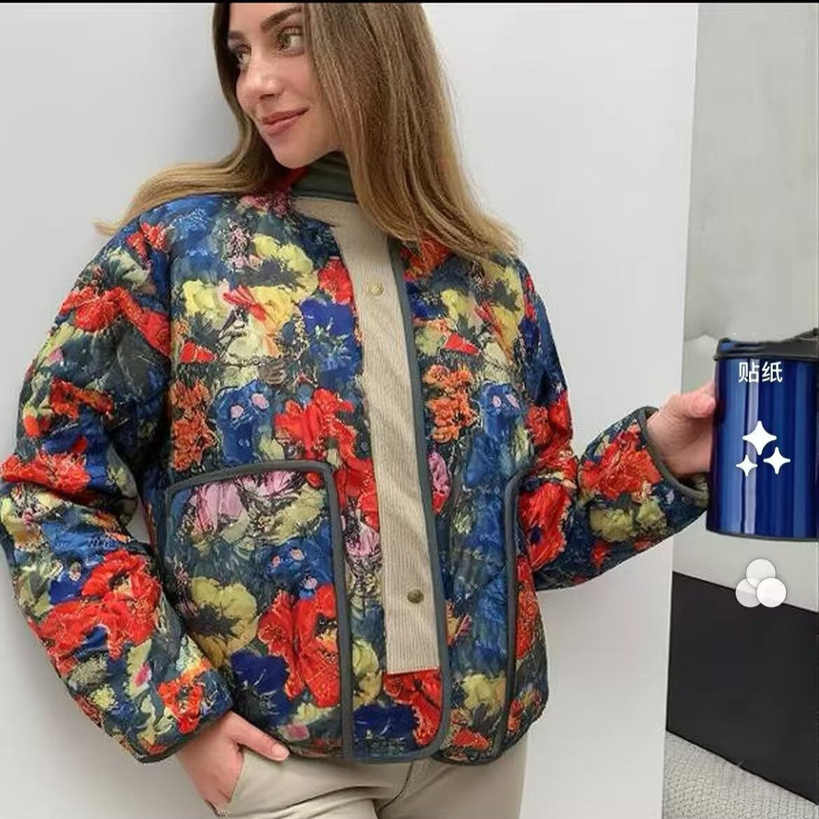 Women Quilted Transitional Jacket with Floral Allover Pattern and Stand Collar Fashion Glam