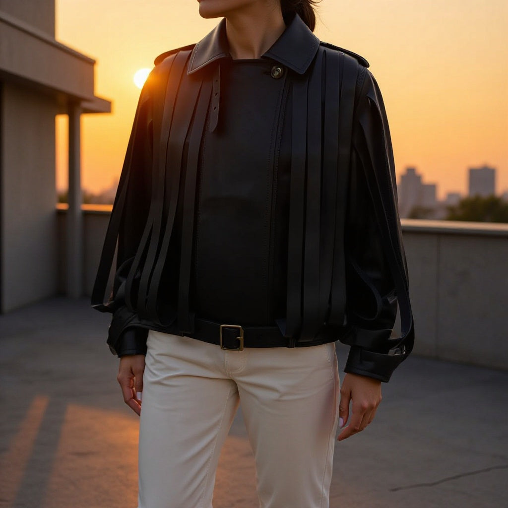Ladies faux leather fringed biker jacket with standing collar and waist belt Fashion Glam