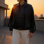 Ladies faux leather fringed biker jacket with standing collar and waist belt Fashion Glam