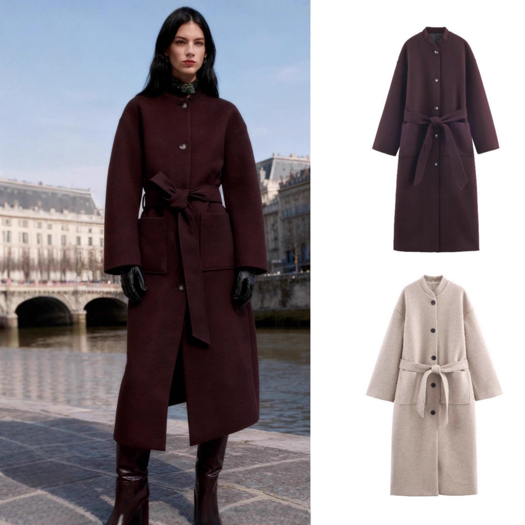 Women’s longer minimalist wool blend kimono coat with tie belt Fashion Glam