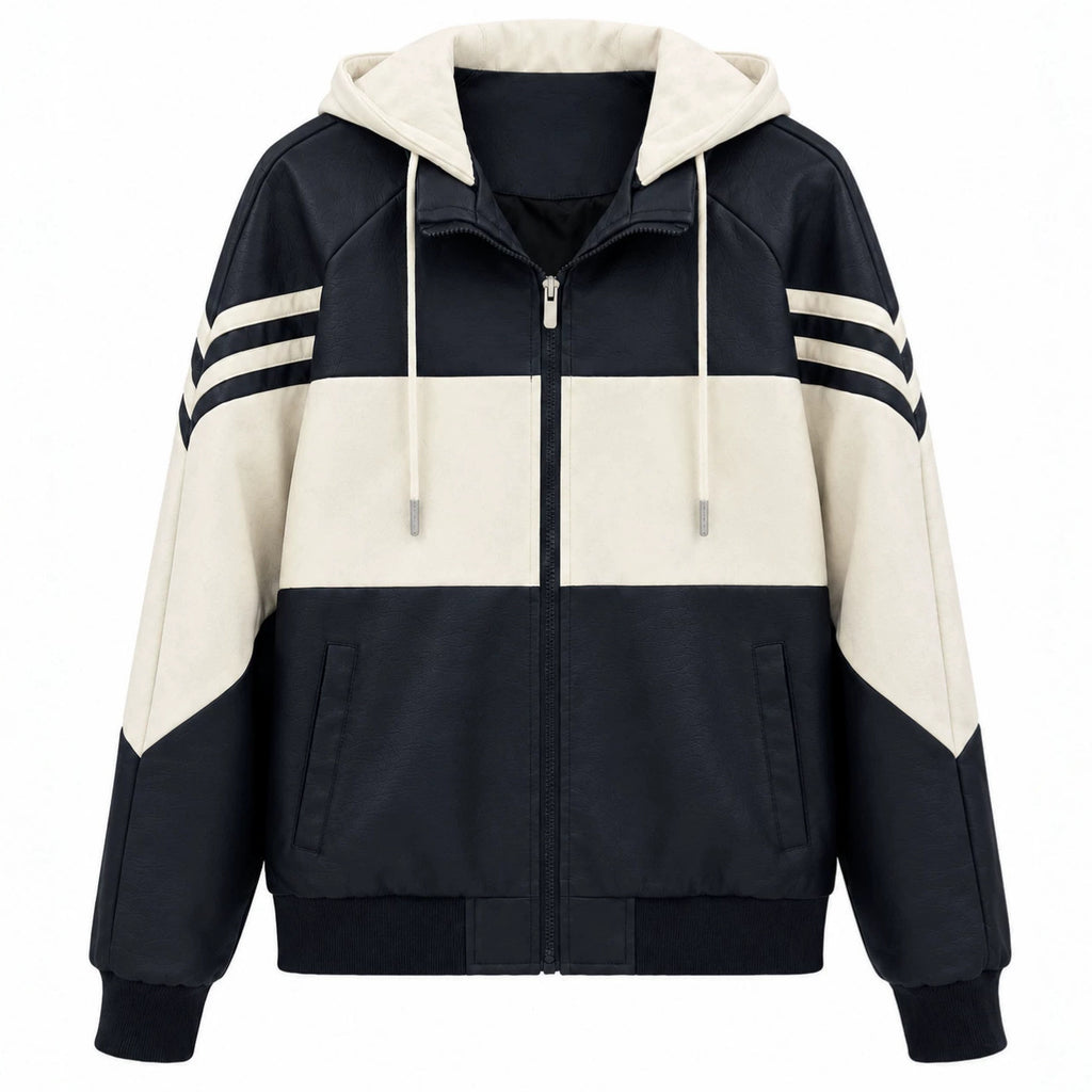 Men's Sporty Hooded Bomber with Faux Leather Look, Contrast Stripes and Zipper Fashion Glam
