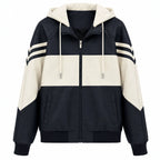 Men's Sporty Hooded Bomber with Faux Leather Look, Contrast Stripes and Zipper Fashion Glam