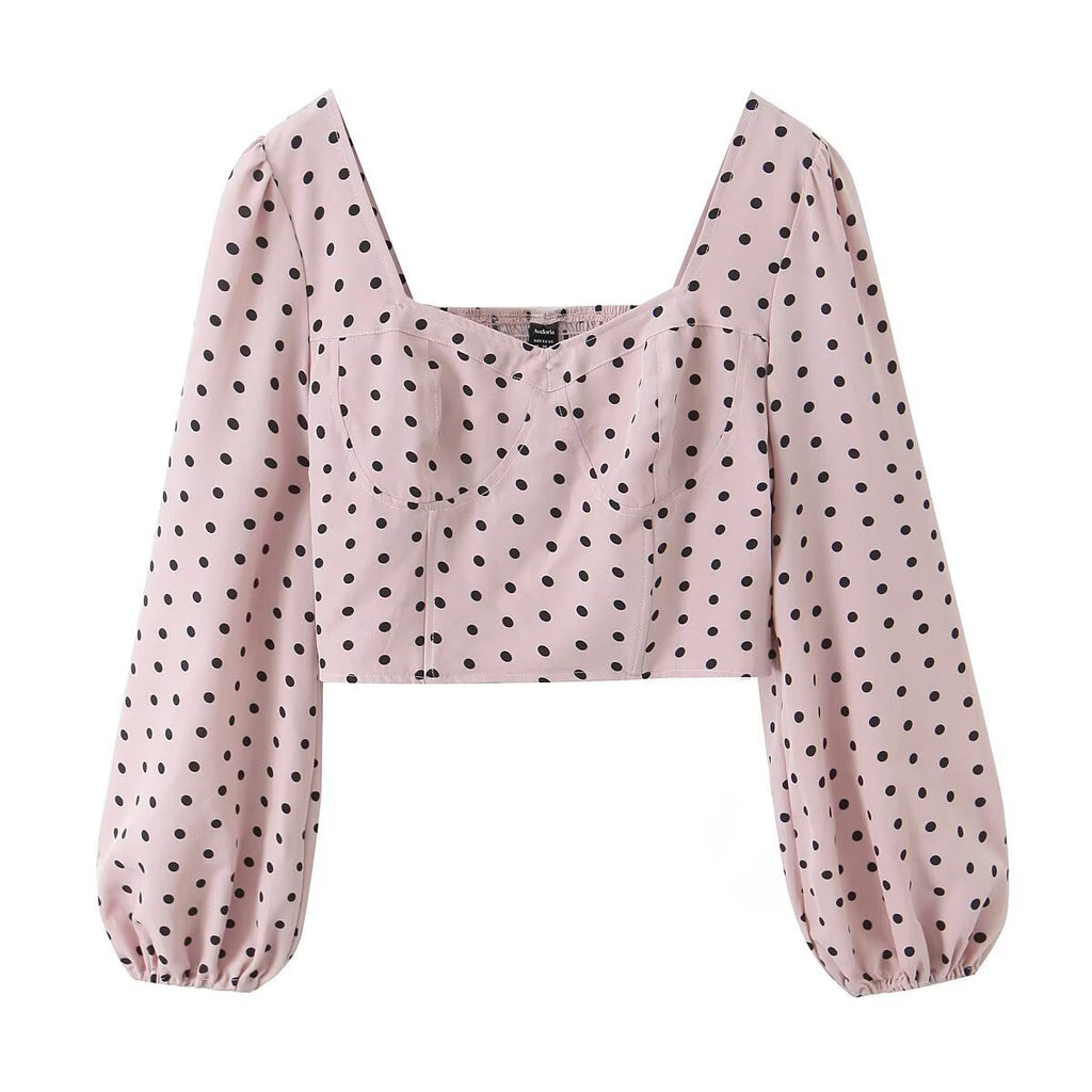 Ladies Polka Dot Bustier Crop Top with Puff Sleeves and Square Neckline Fashion Glam