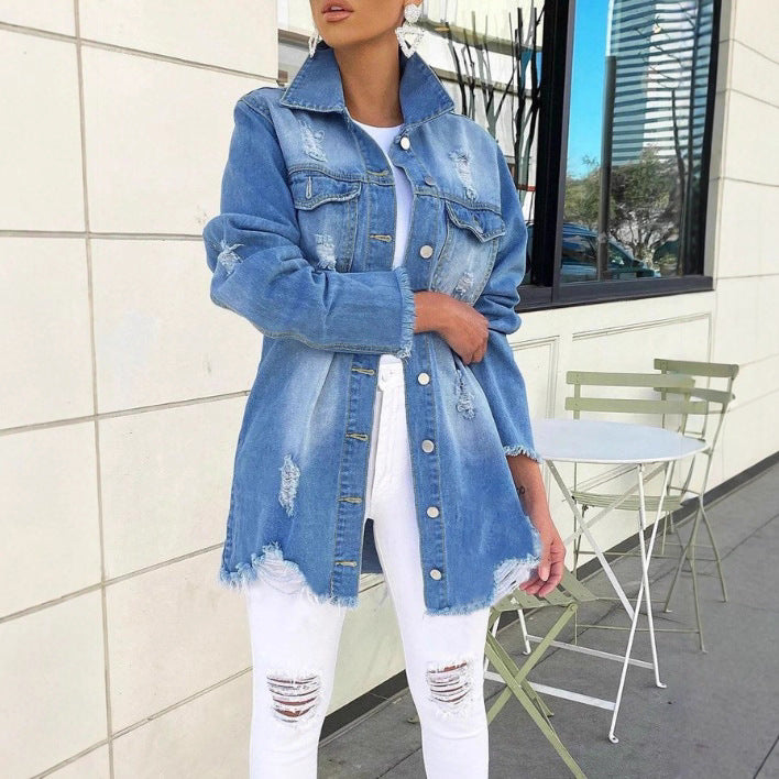 Women's Oversized Denim Jacket with Destroyed Details, Fringed Hem and Concealed Button Placket Fashion Glam