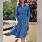 Women's button-down shirt dress made of denim with a waist-defining elastic band, button placket & tiered skirt Fashion Glam