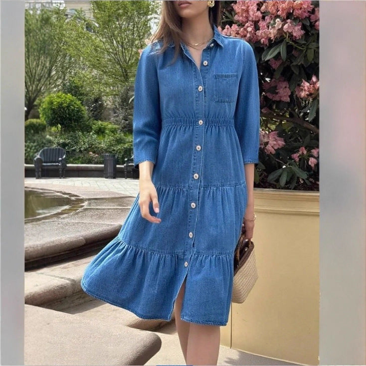 Women's button-down shirt dress made of denim with a waist-defining elastic band, button placket & tiered skirt Fashion Glam