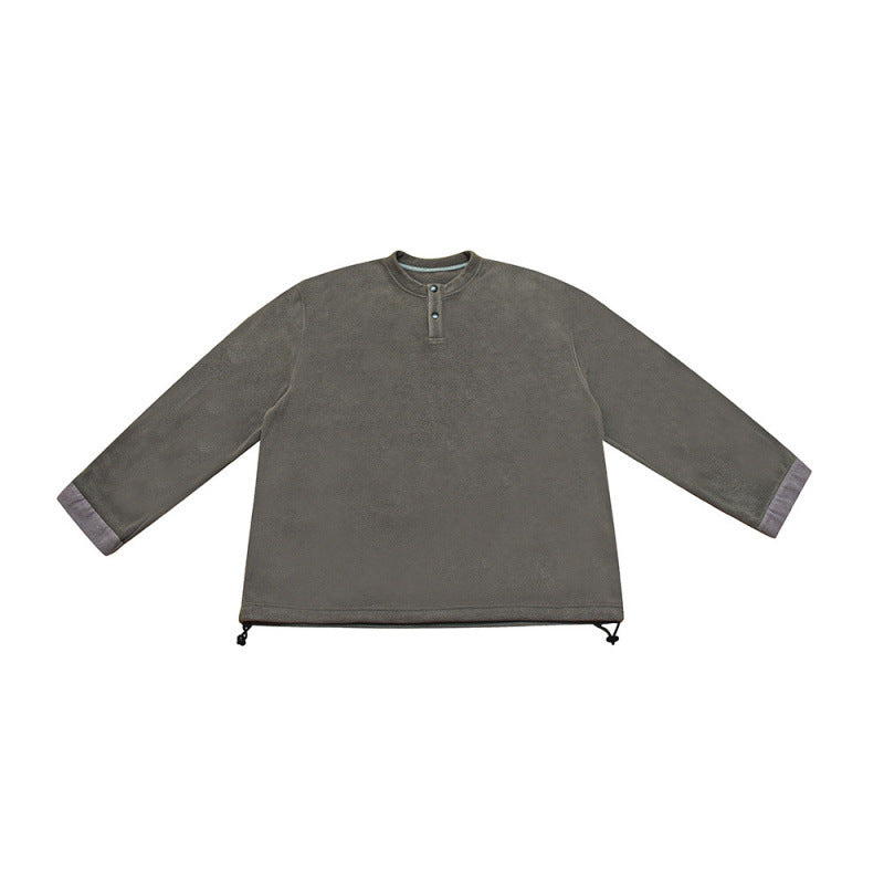 [Unisex] Oversize-Fleece-Henley-Pullover with half button placket, drawstring hem, and rolled sleeves Fashion Glam