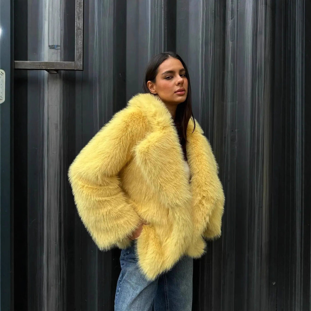 Women’s Short Oversized Faux Fur Coat with Voluminous Shawl Collar Fashion Glam