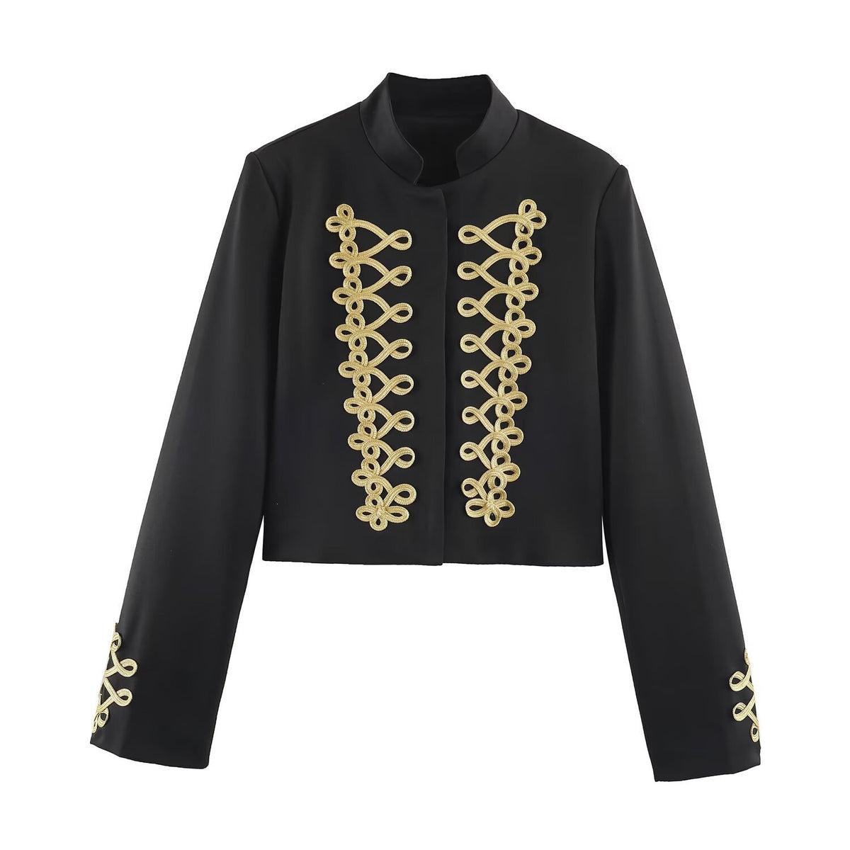 Women's short military-style jacket with gold trim and stand-up collar Fashion Glam